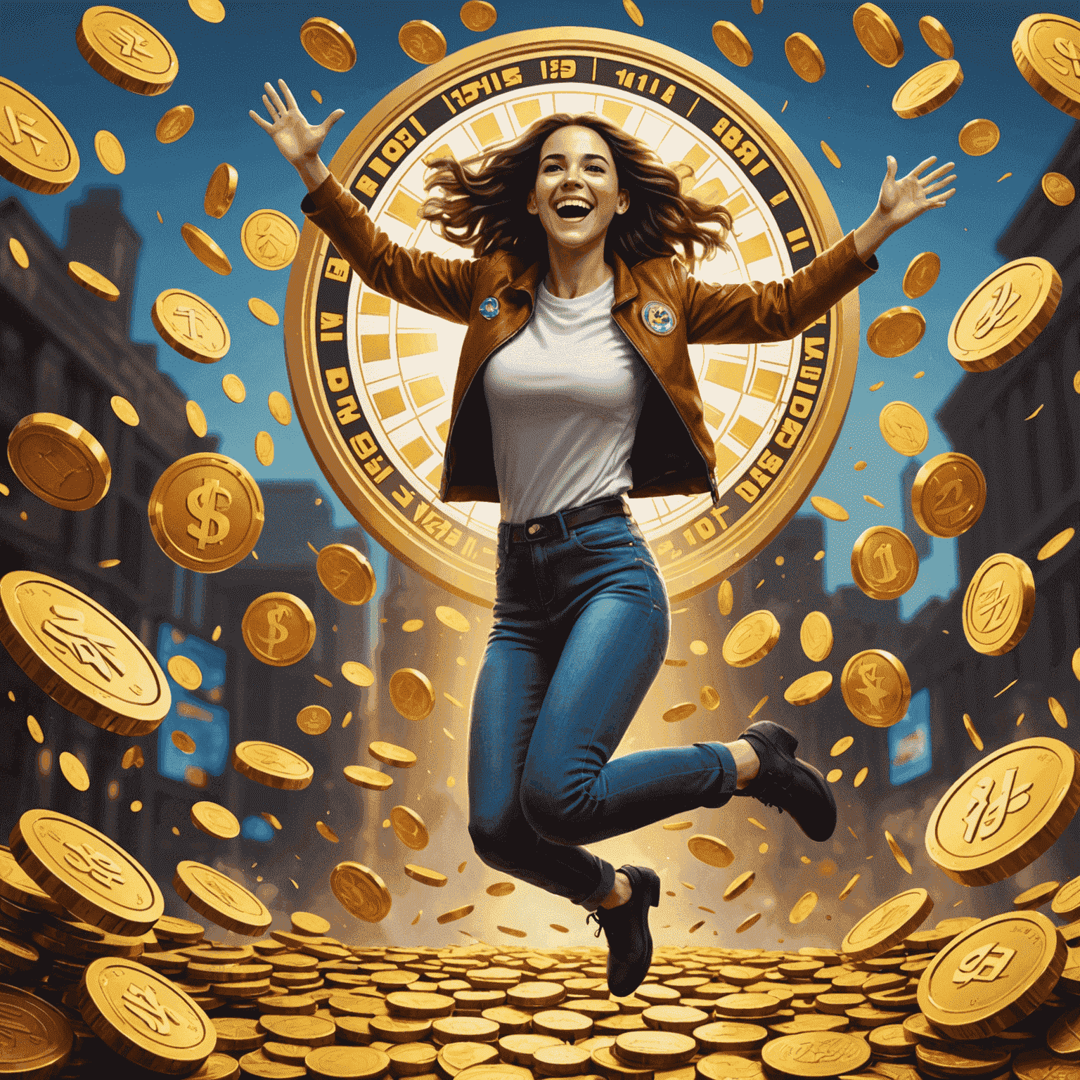 Sarah jumping for joy after hitting a massive jackpot on Avia game, surrounded by virtual coins and celebratory graphics