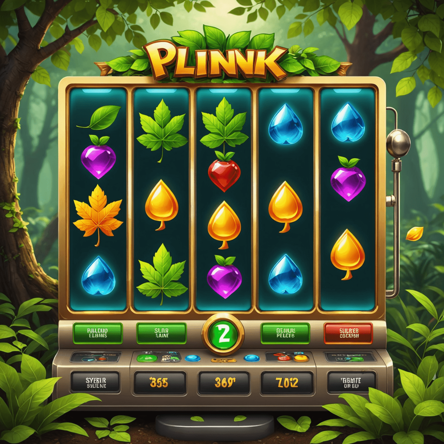 Plink Slots - A vibrant slot machine with eco-friendly symbols like leaves, trees, and recycling icons