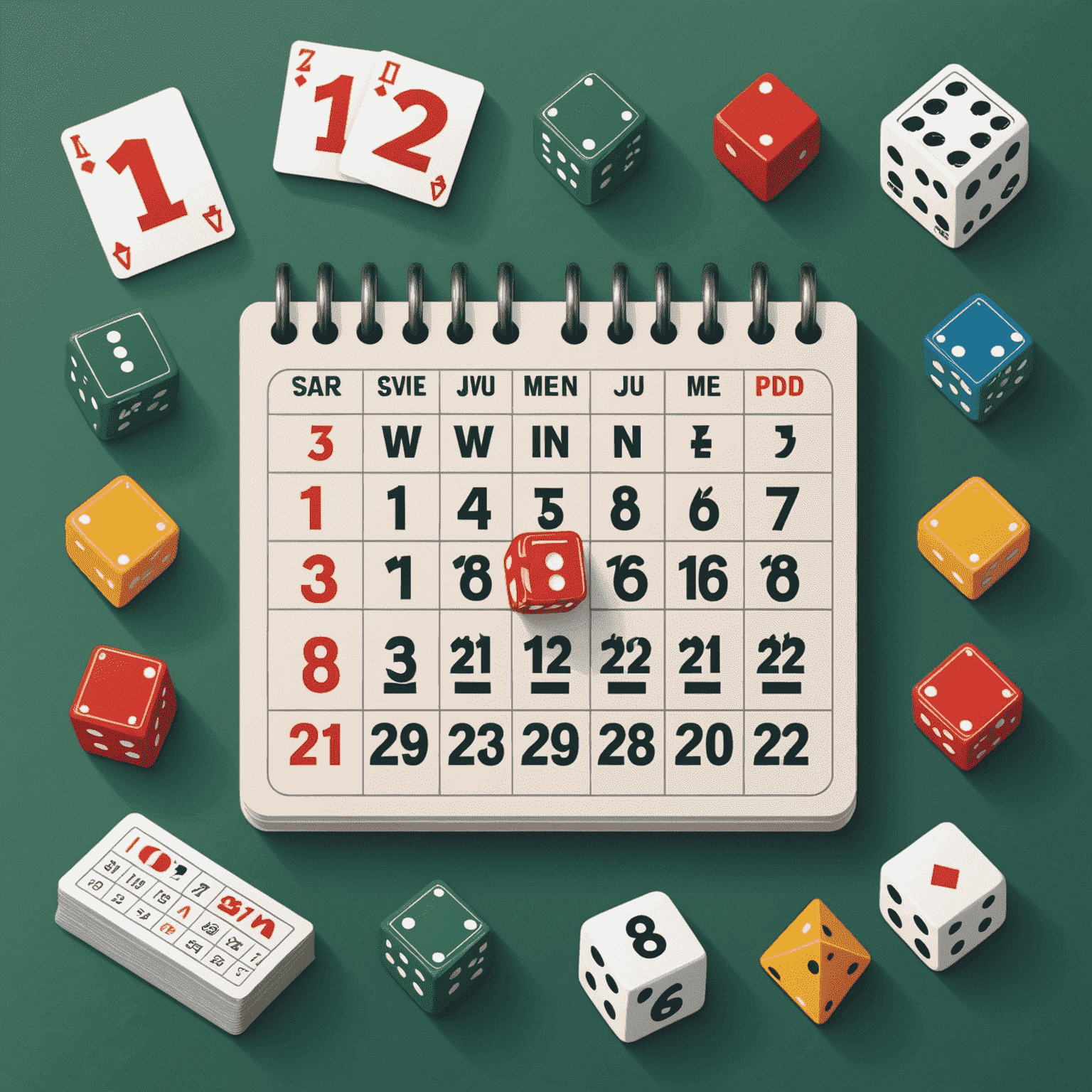 Illustration showing a calendar with increasing bonus amounts for each consecutive day, surrounded by game symbols like cards, dice, and slot machine icons