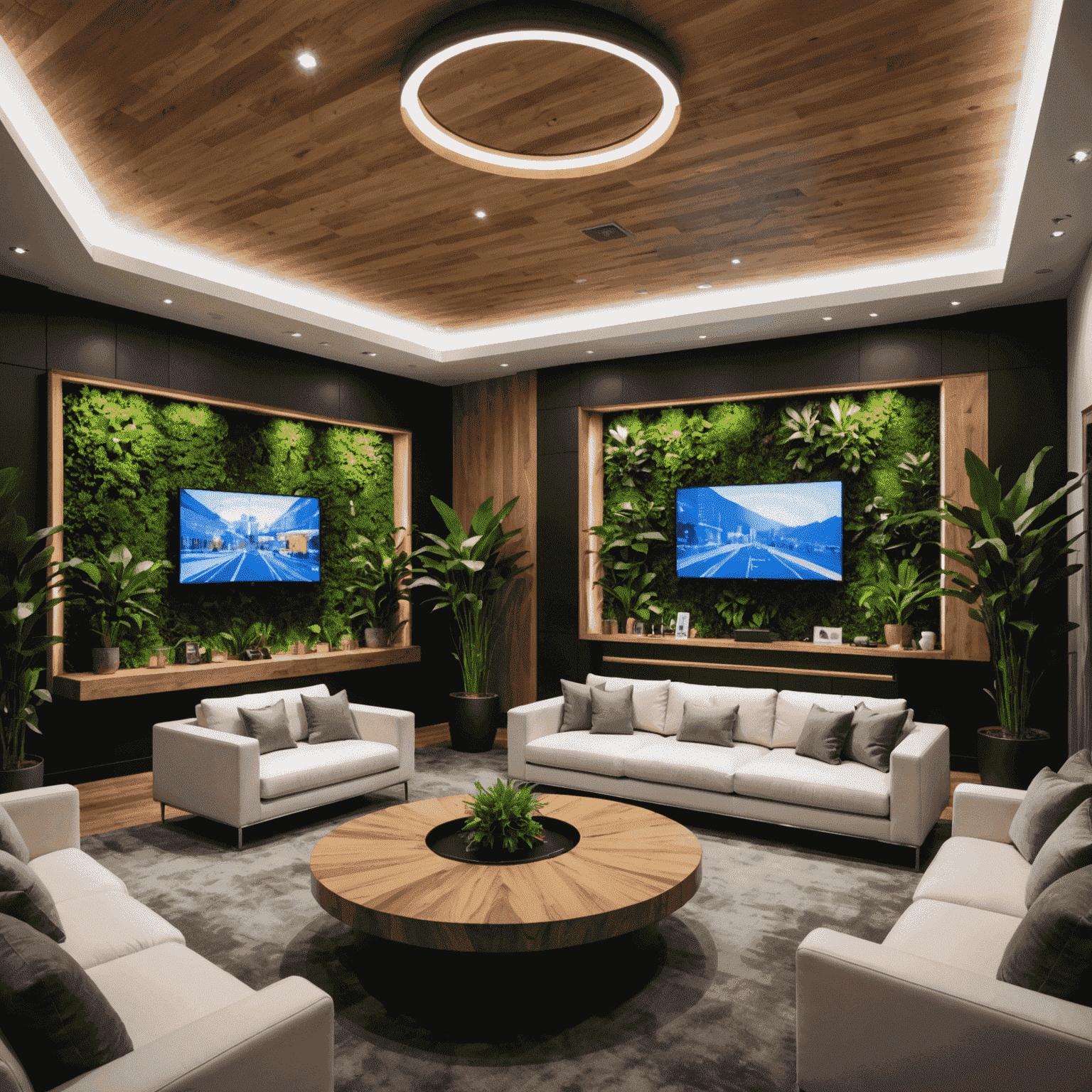 Luxurious eco-friendly VIP lounge with plush seating, living plant walls, and state-of-the-art gaming stations. The room features a harmonious blend of natural wood elements and sleek, modern design.