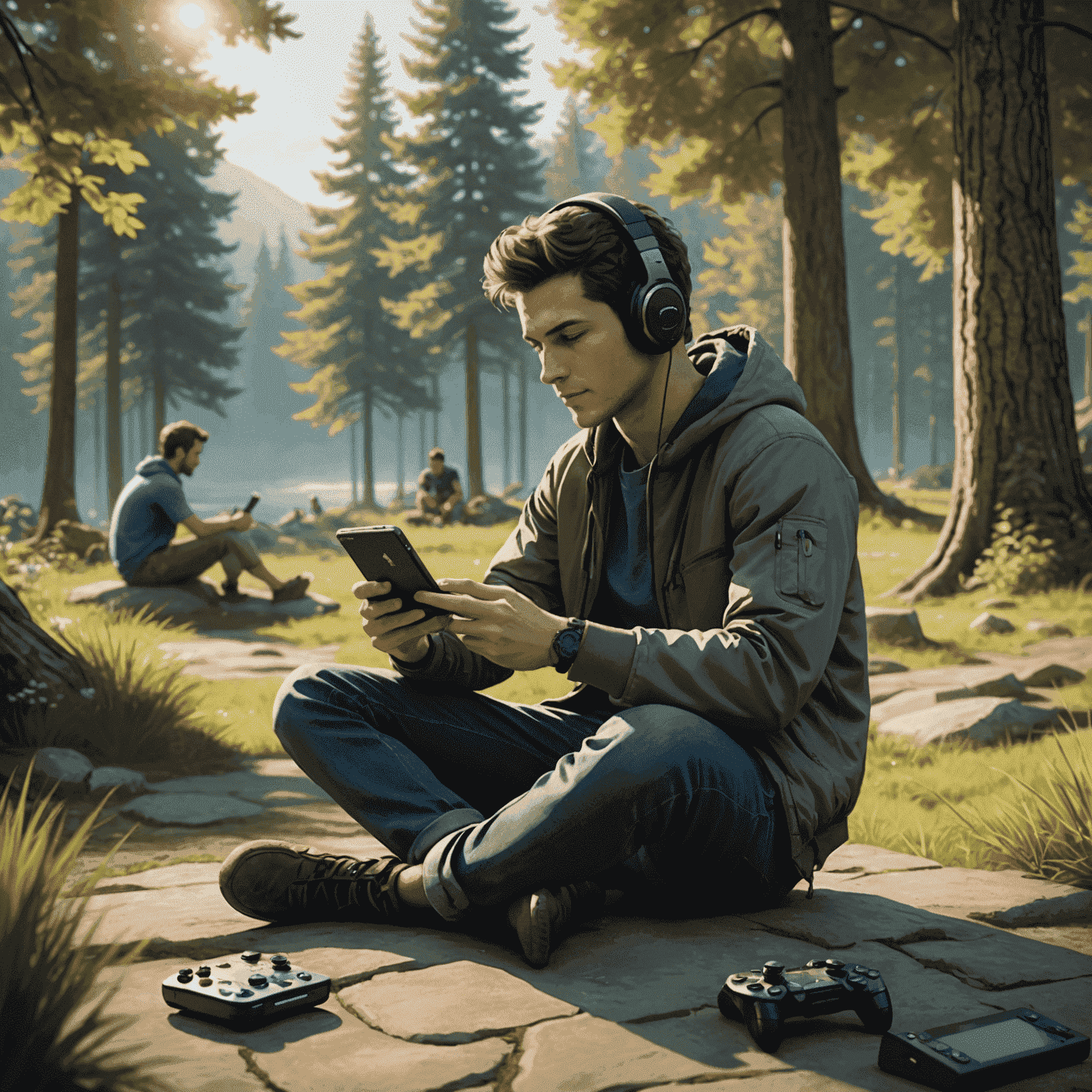 A serene image showcasing a person enjoying a balanced lifestyle, with gaming devices alongside outdoor activities and social interactions, symbolizing responsible gaming habits