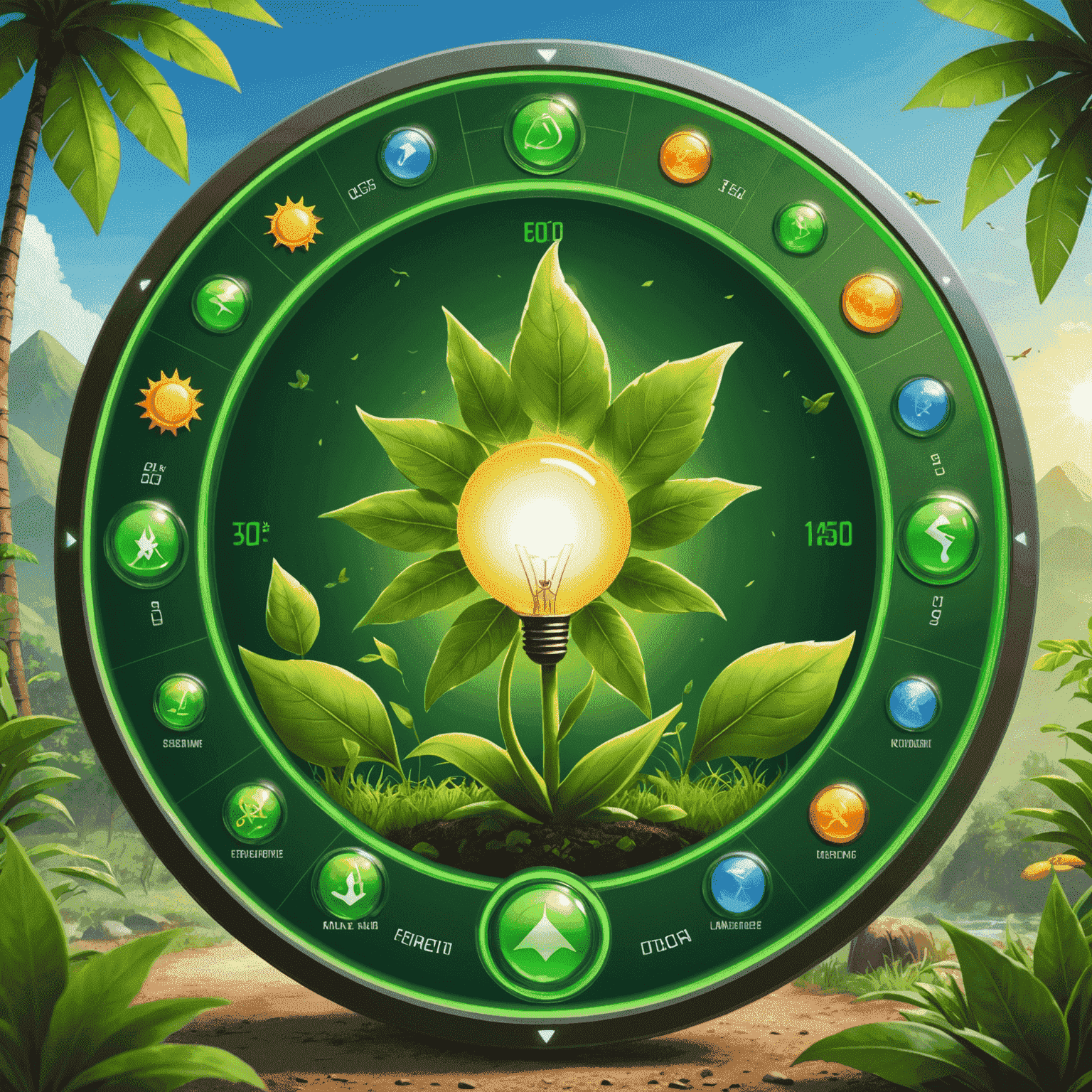 Eco-friendly themed bonus round screen from the new game, showcasing green energy and conservation elements