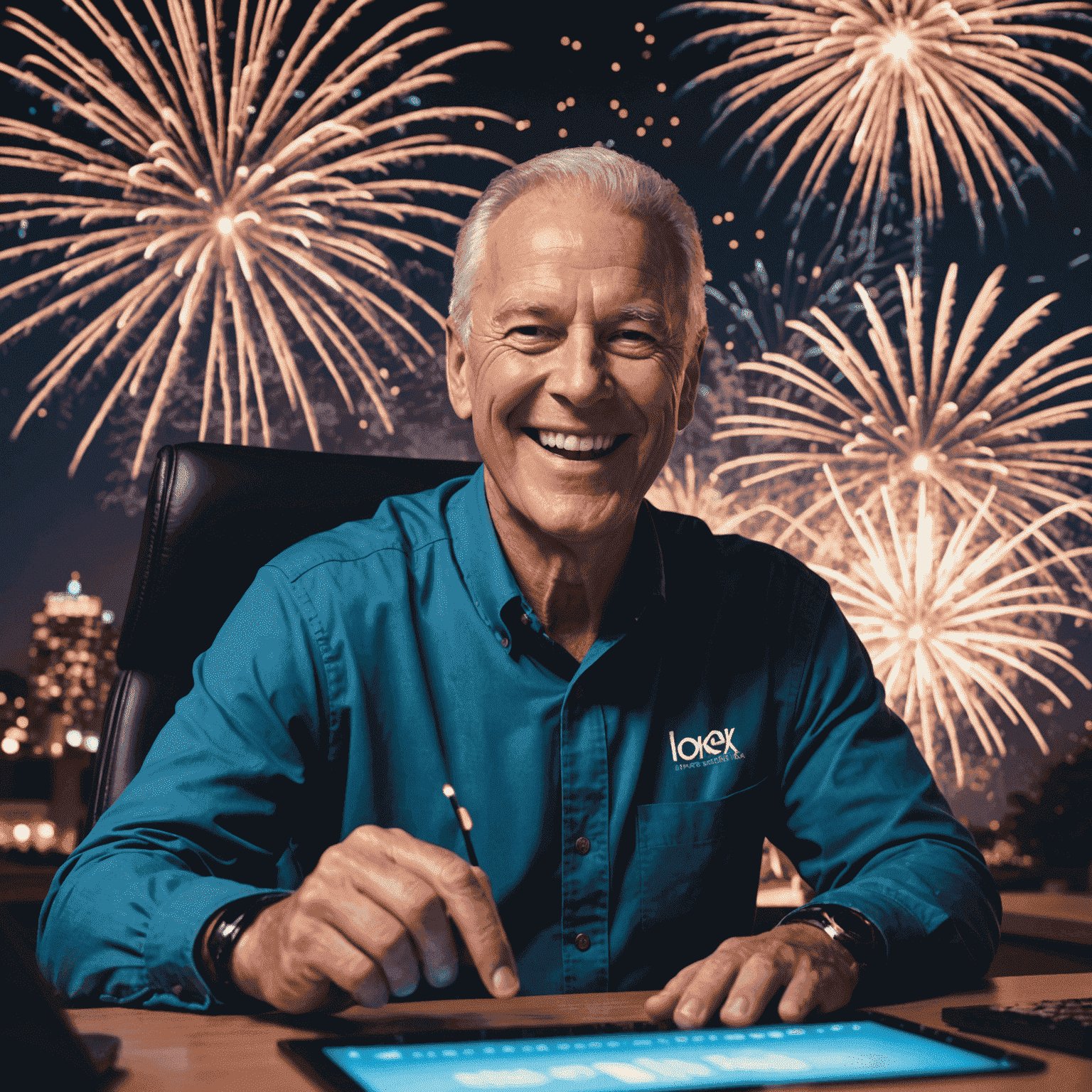 Mike grinning widely at his computer screen showing a massive Plink win, with virtual fireworks in the background