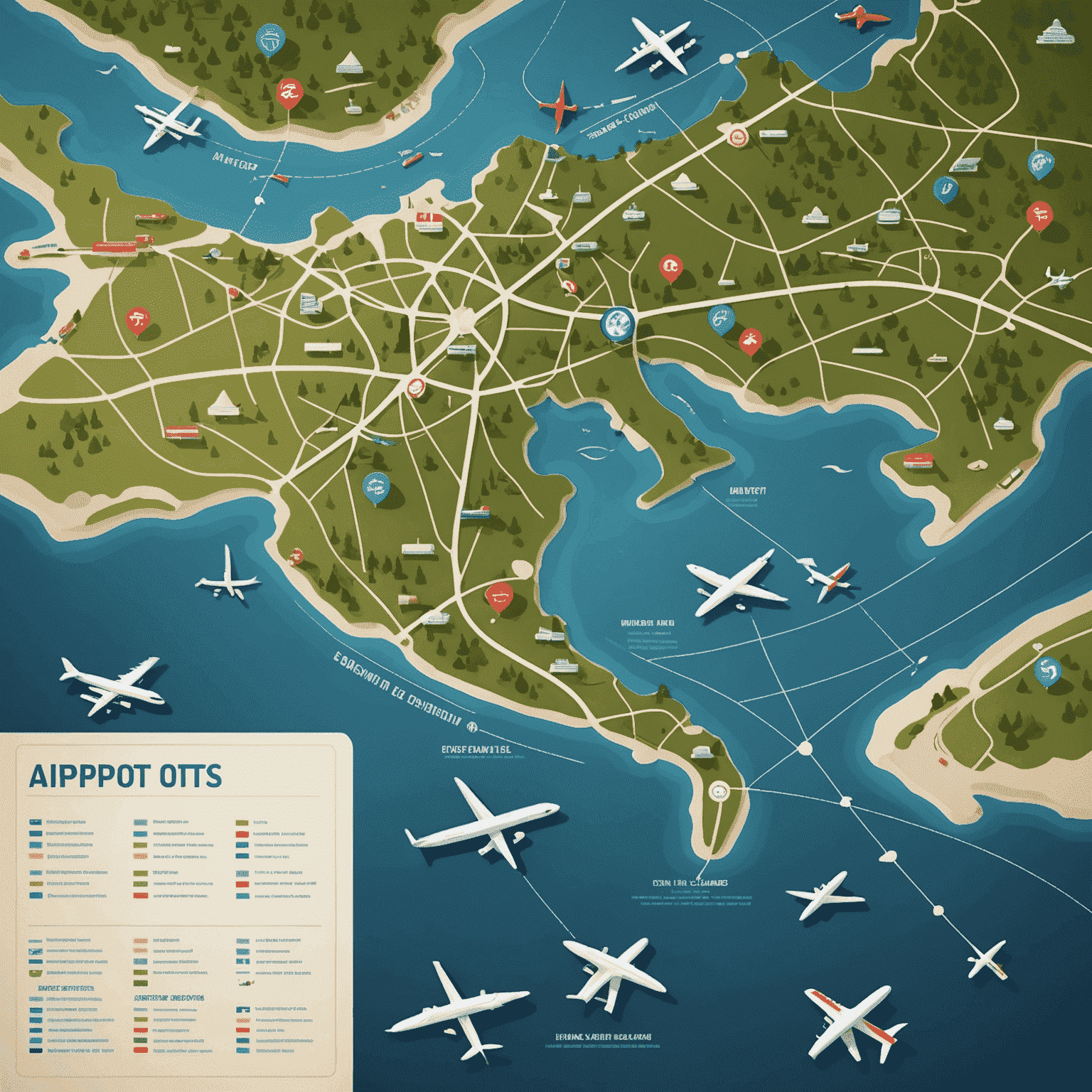 A strategic map view of airports and flight routes, with miniature planes and icons representing different game elements